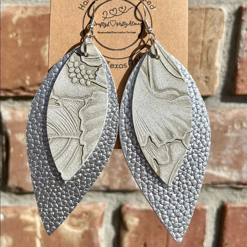 Long Leaf Shiny Metallic Silver & Flower Silver Print Embossed Colors  Earrings